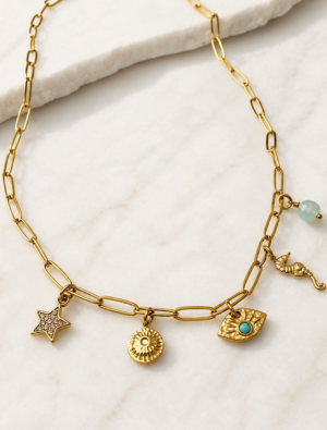 Lucy waterproof charms necklace-18k Gold Plated Stainless steel.